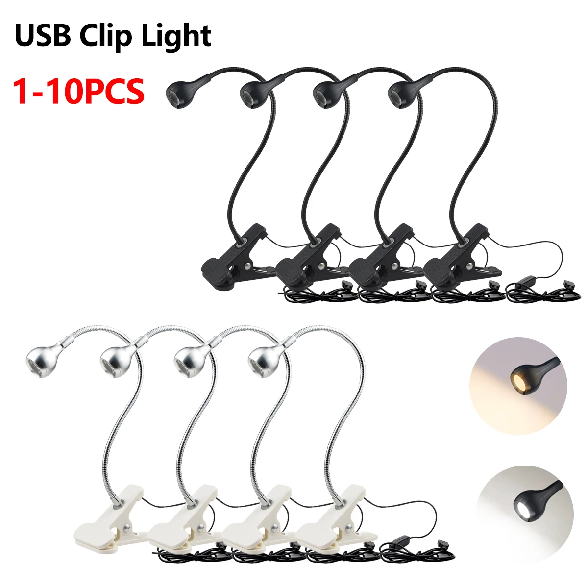 1-10Pcs Clip-On Light USB Powe - Book Light Flexible avaliação e preço